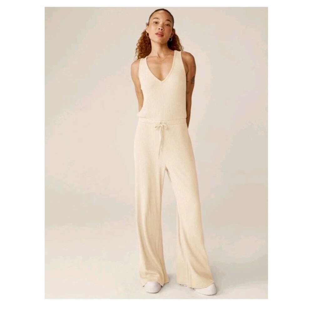 Beyond Yoga Cream Ribbed V-Neck Wide-Leg Jumpsuit